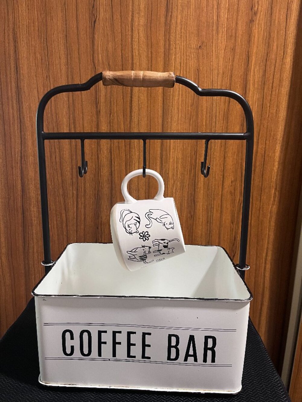 Distressed Metal Coffee Station Countertop Caddy Storage Basket & Cat Mug
